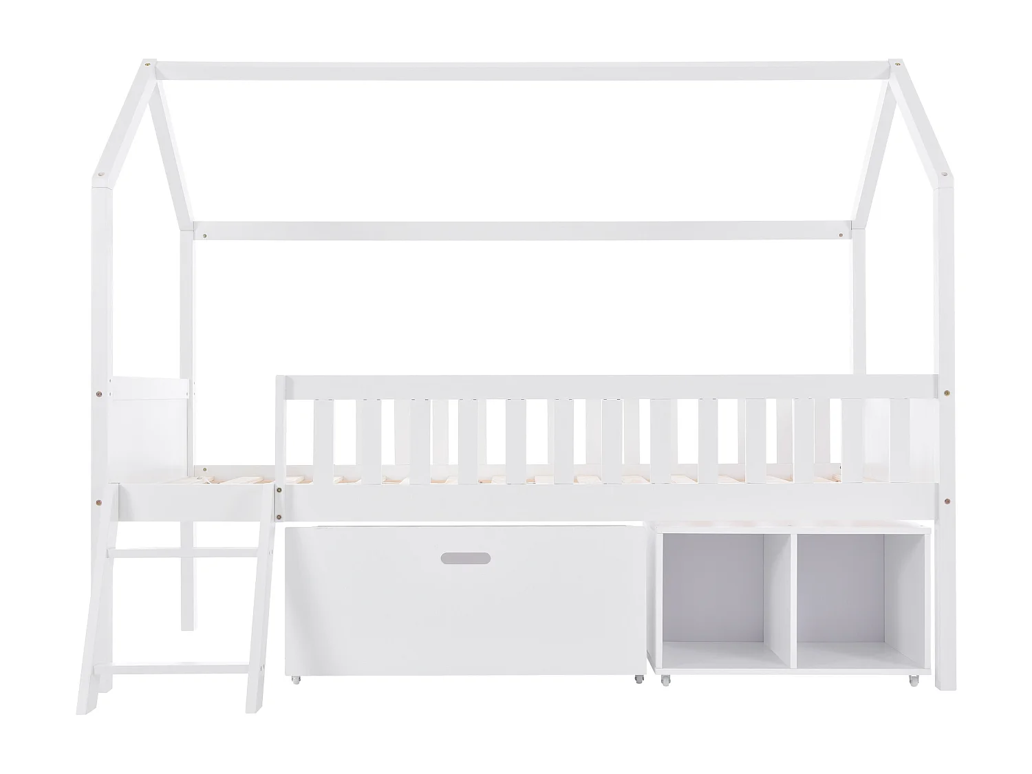 Solid wood cabin bed - 90x200 cm - with storage and ladder - White
