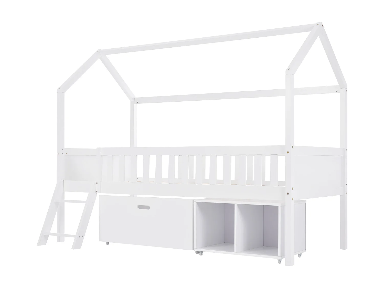 Solid wood cabin bed - 90x200 cm - with storage and ladder - White