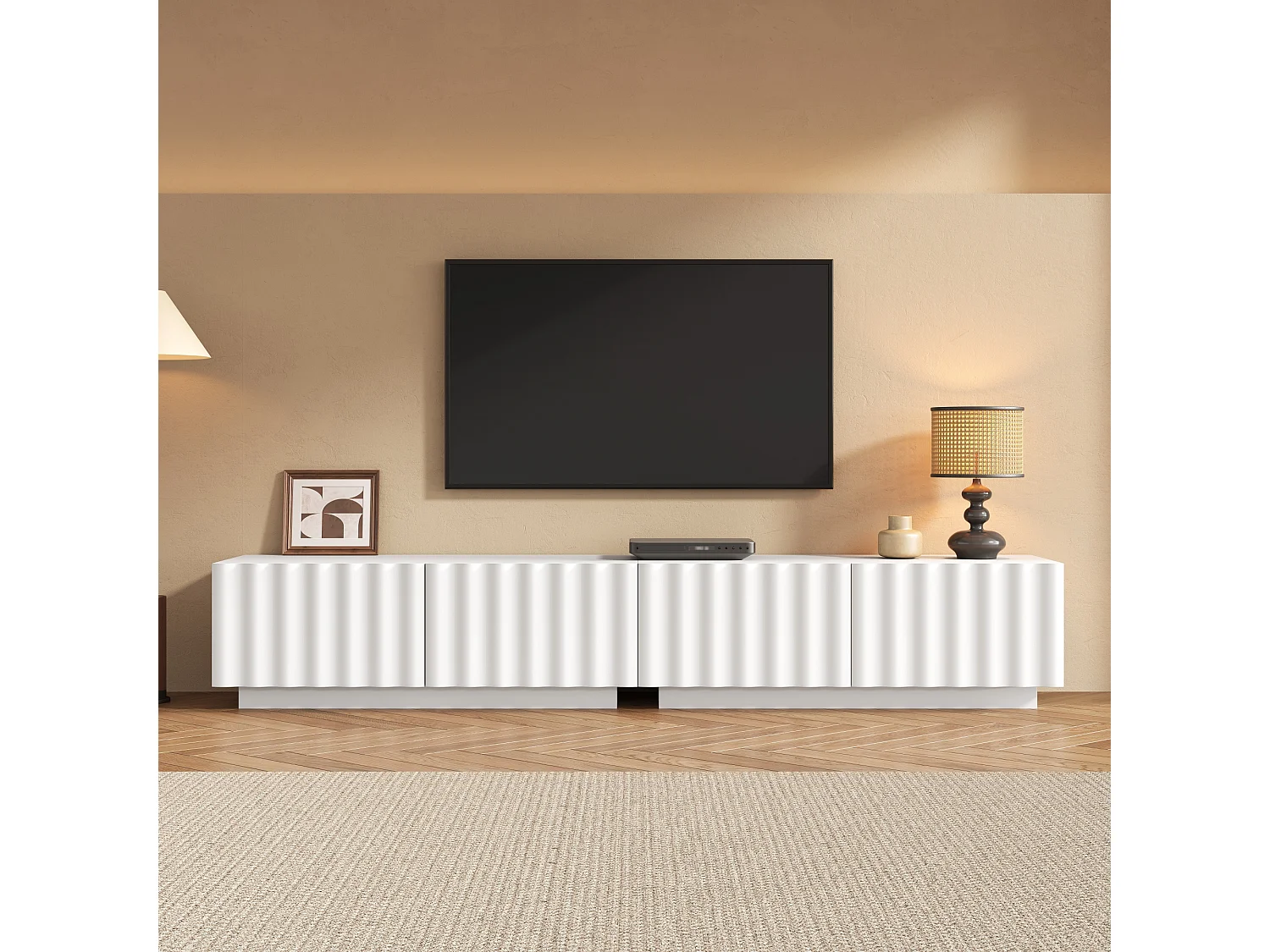Modernes TV-Möbel 200x40x35 cm - Mit 4 Schubladen - Großes Ablagefach - MDF + Spanplatten - Weiß