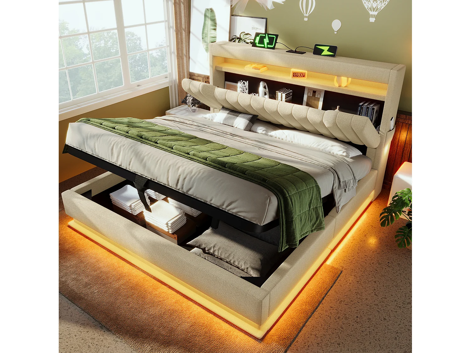 Upholstered storage bed 180x200cm - with LED lighting - with USB and Type-C ports - Linen fabric - Headboard with storage space - Beige