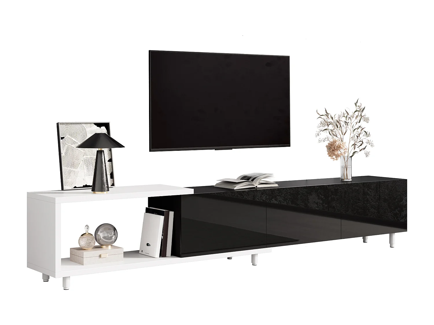 Erweiterbares TV-Möbel - 3 glänzend lackierte Türen - Metallfüße - 258x38x48,5 cm - MDF - Schwarz und Weiß