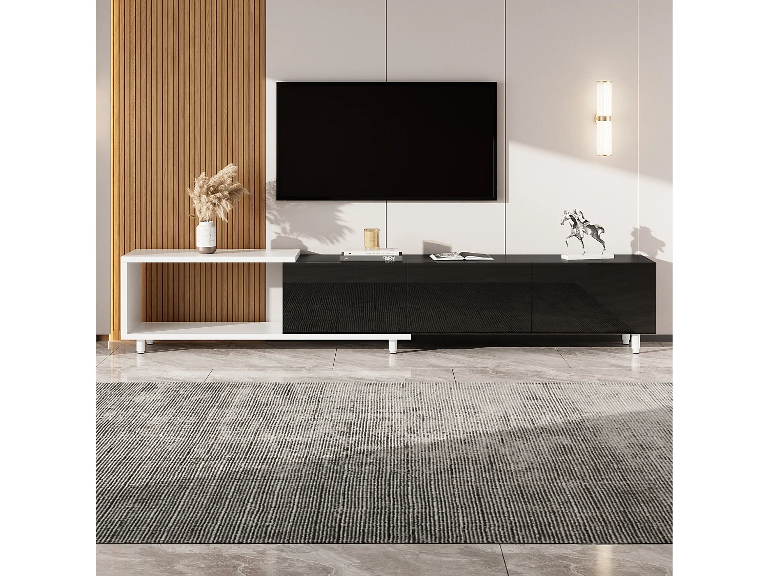 Erweiterbares TV-Möbel - 3 glänzend lackierte Türen - Metallfüße - 258x38x48,5 cm - MDF - Schwarz und Weiß
