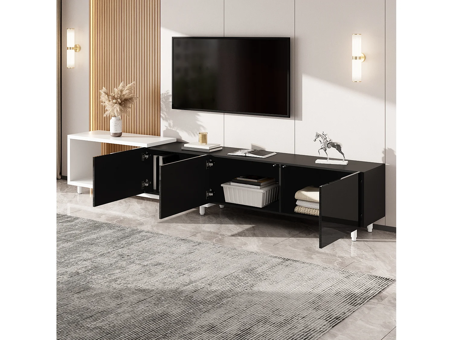 Erweiterbares TV-Möbel - 3 glänzend lackierte Türen - Metallfüße - 258x38x48,5 cm - MDF - Schwarz und Weiß
