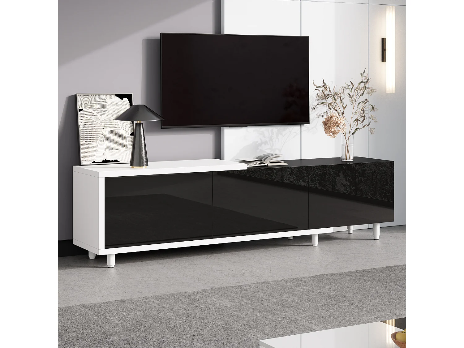 Erweiterbares TV-Möbel - 3 glänzend lackierte Türen - Metallfüße - 258x38x48,5 cm - MDF - Schwarz und Weiß