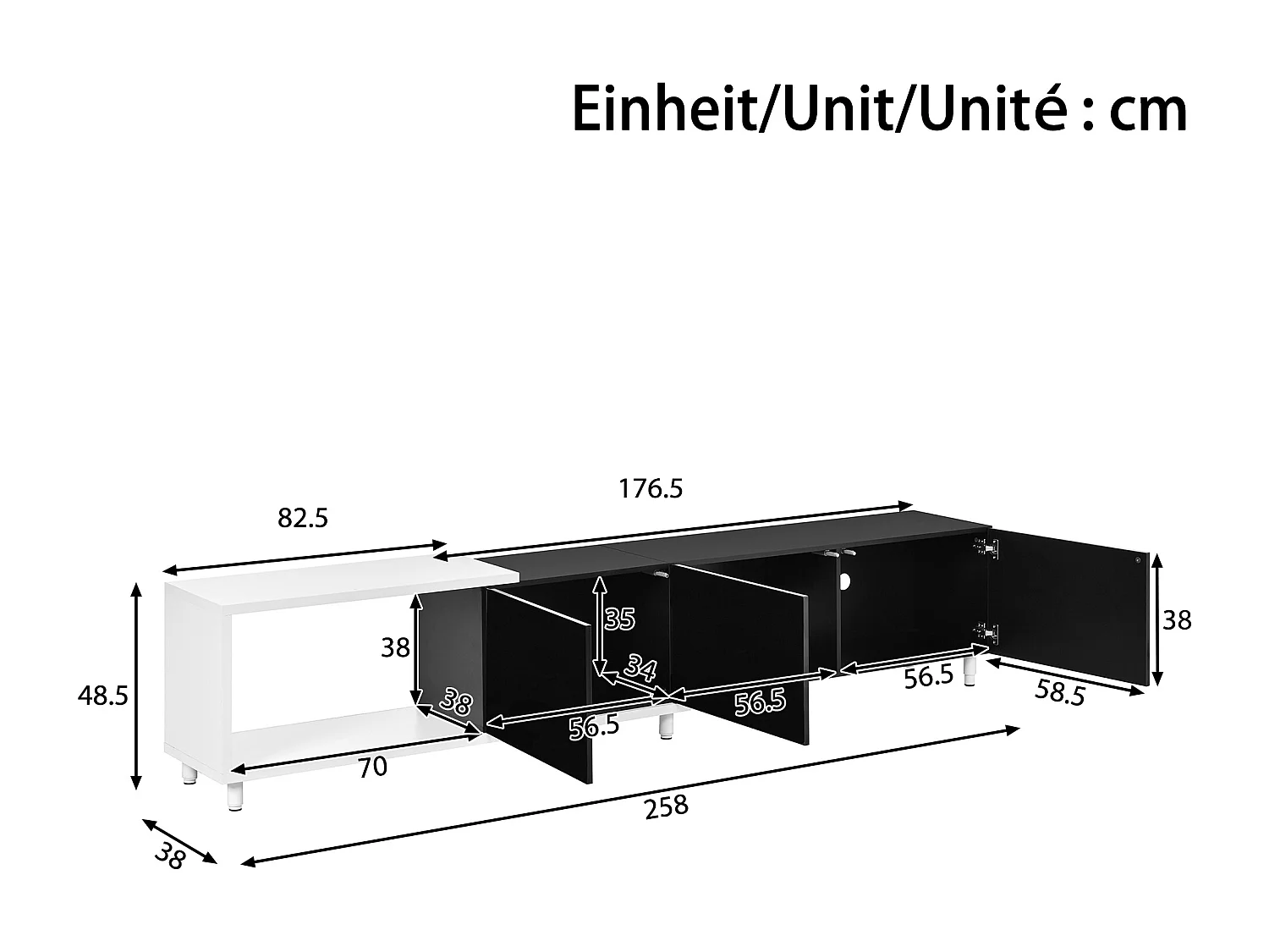 Erweiterbares TV-Möbel - 3 glänzend lackierte Türen - Metallfüße - 258x38x48,5 cm - MDF - Schwarz und Weiß