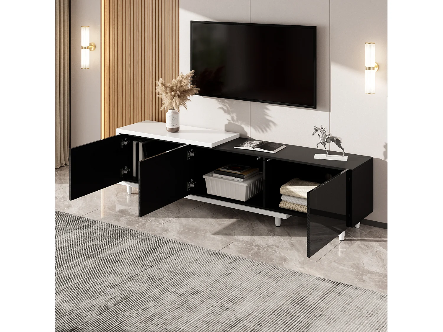 Erweiterbares TV-Möbel - 3 glänzend lackierte Türen - Metallfüße - 258x38x48,5 cm - MDF - Schwarz und Weiß