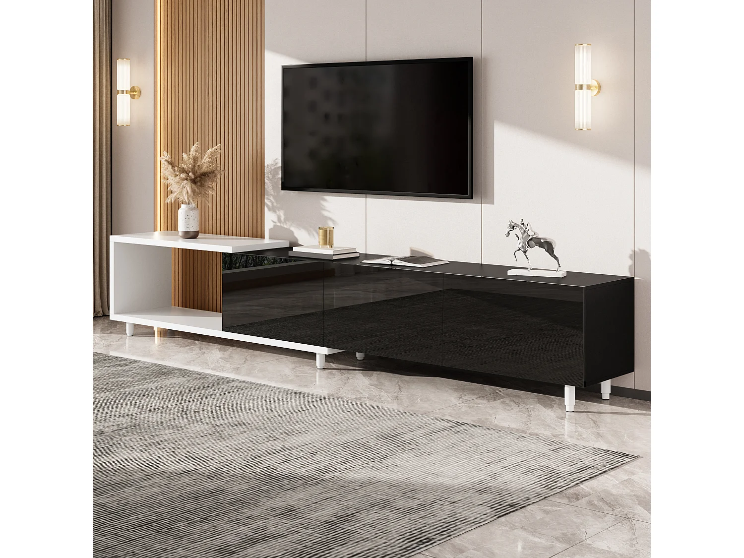Erweiterbares TV-Möbel - 3 glänzend lackierte Türen - Metallfüße - 258x38x48,5 cm - MDF - Schwarz und Weiß
