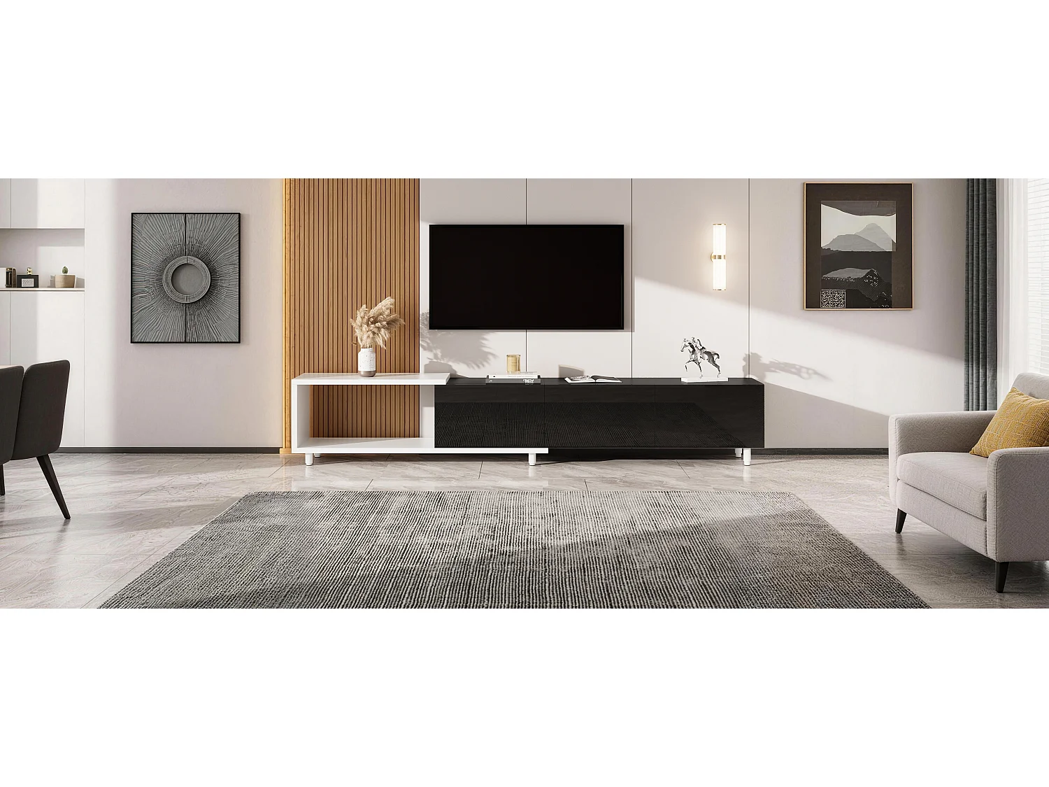 Erweiterbares TV-Möbel - 3 glänzend lackierte Türen - Metallfüße - 258x38x48,5 cm - MDF - Schwarz und Weiß