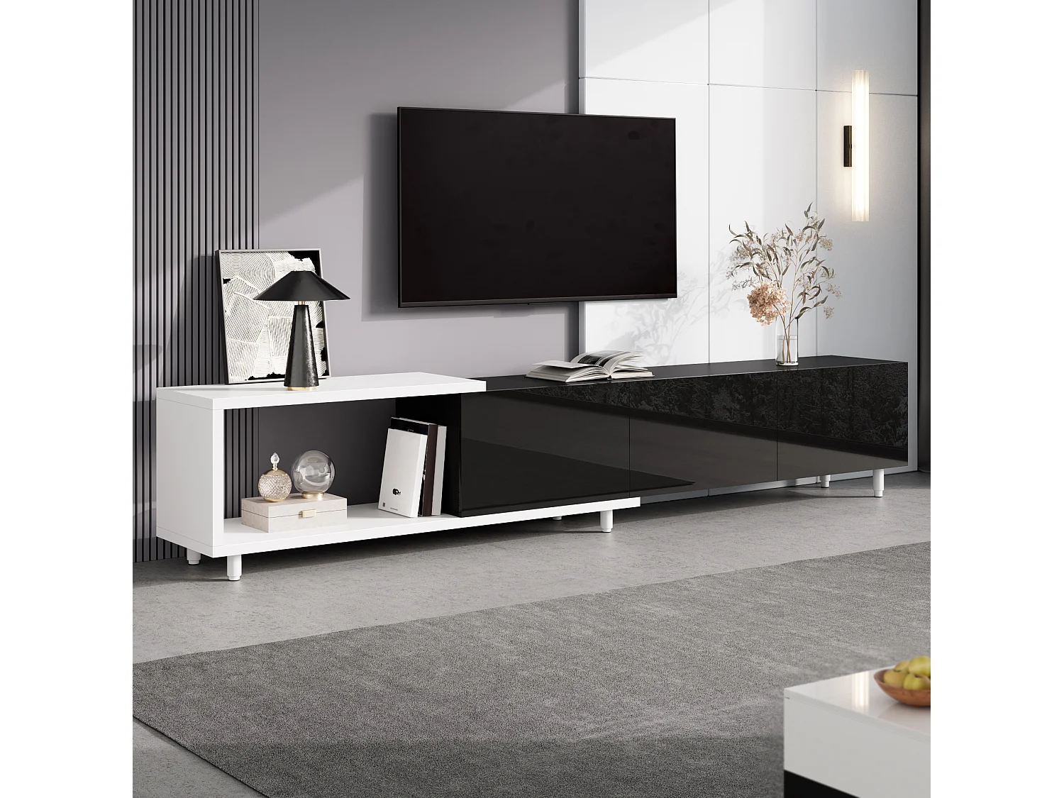 Erweiterbares TV-Möbel - 3 glänzend lackierte Türen - Metallfüße - 258x38x48,5 cm - MDF - Schwarz und Weiß