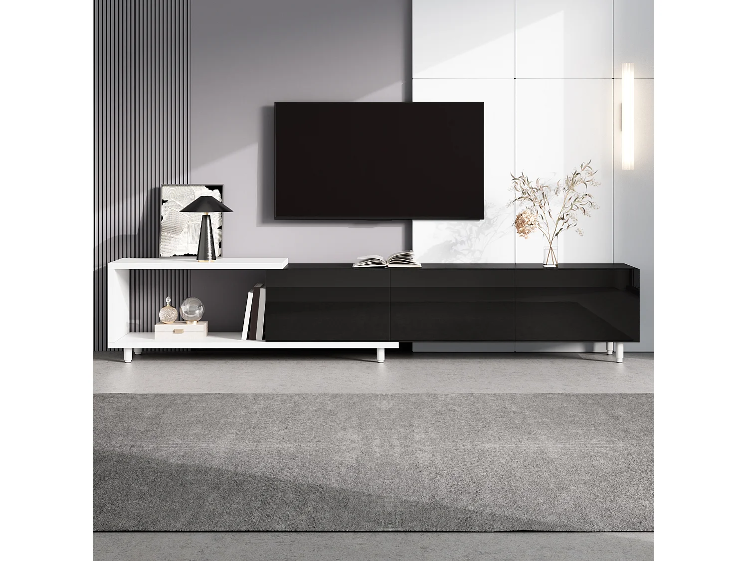 Erweiterbares TV-Möbel - 3 glänzend lackierte Türen - Metallfüße - 258x38x48,5 cm - MDF - Schwarz und Weiß
