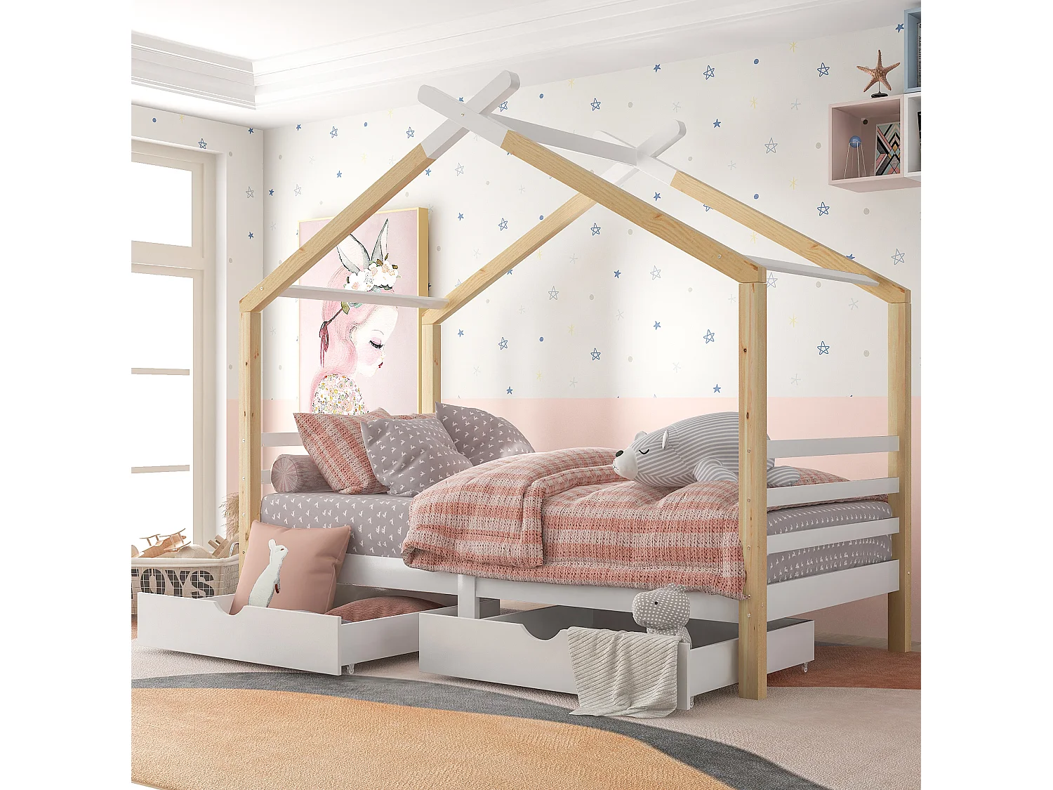 Cabin bed 90x190cm in solid wood with 2 drawers - Natural & White