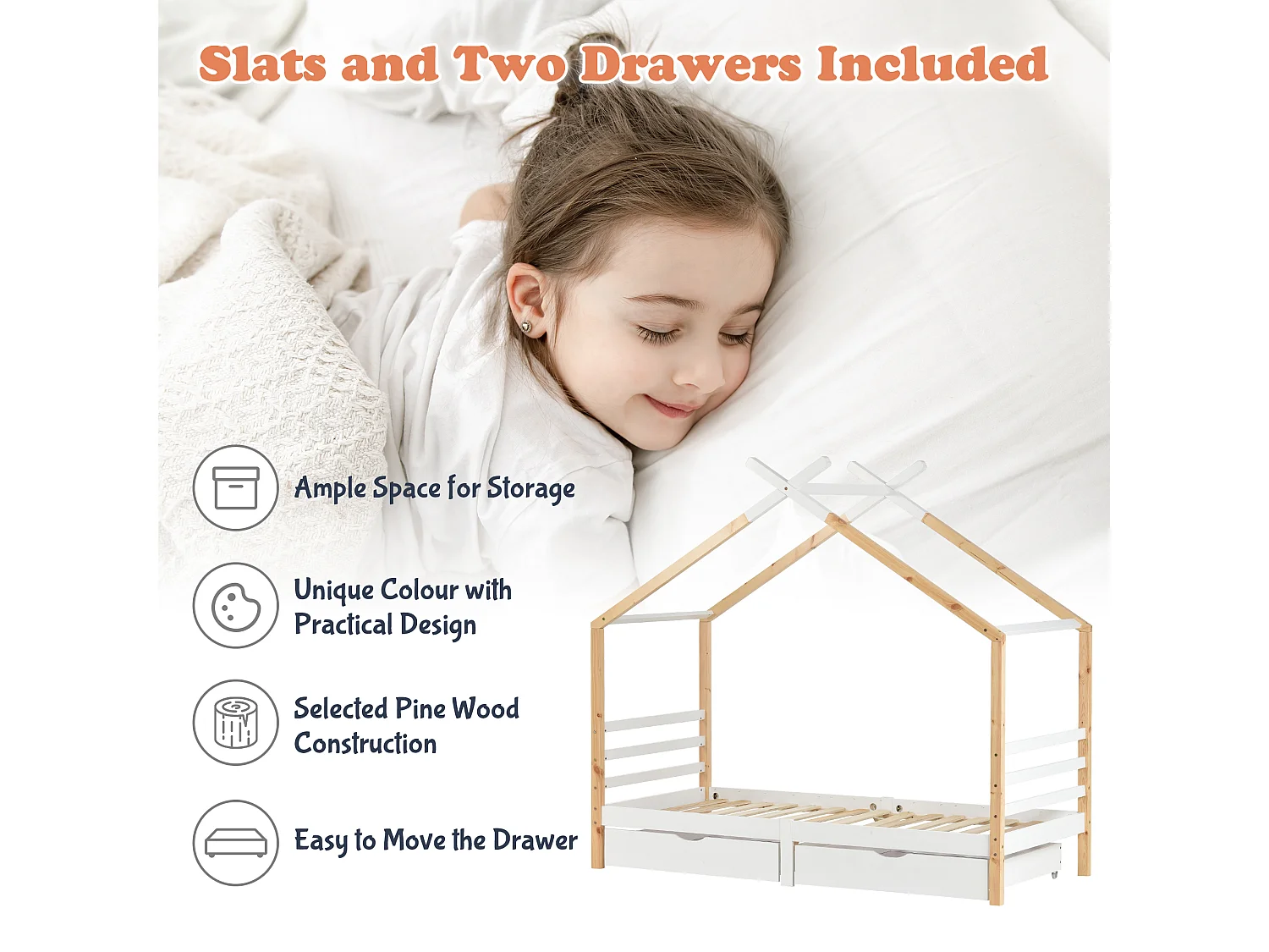 Cabin bed 90x190cm in solid wood with 2 drawers - Natural & White