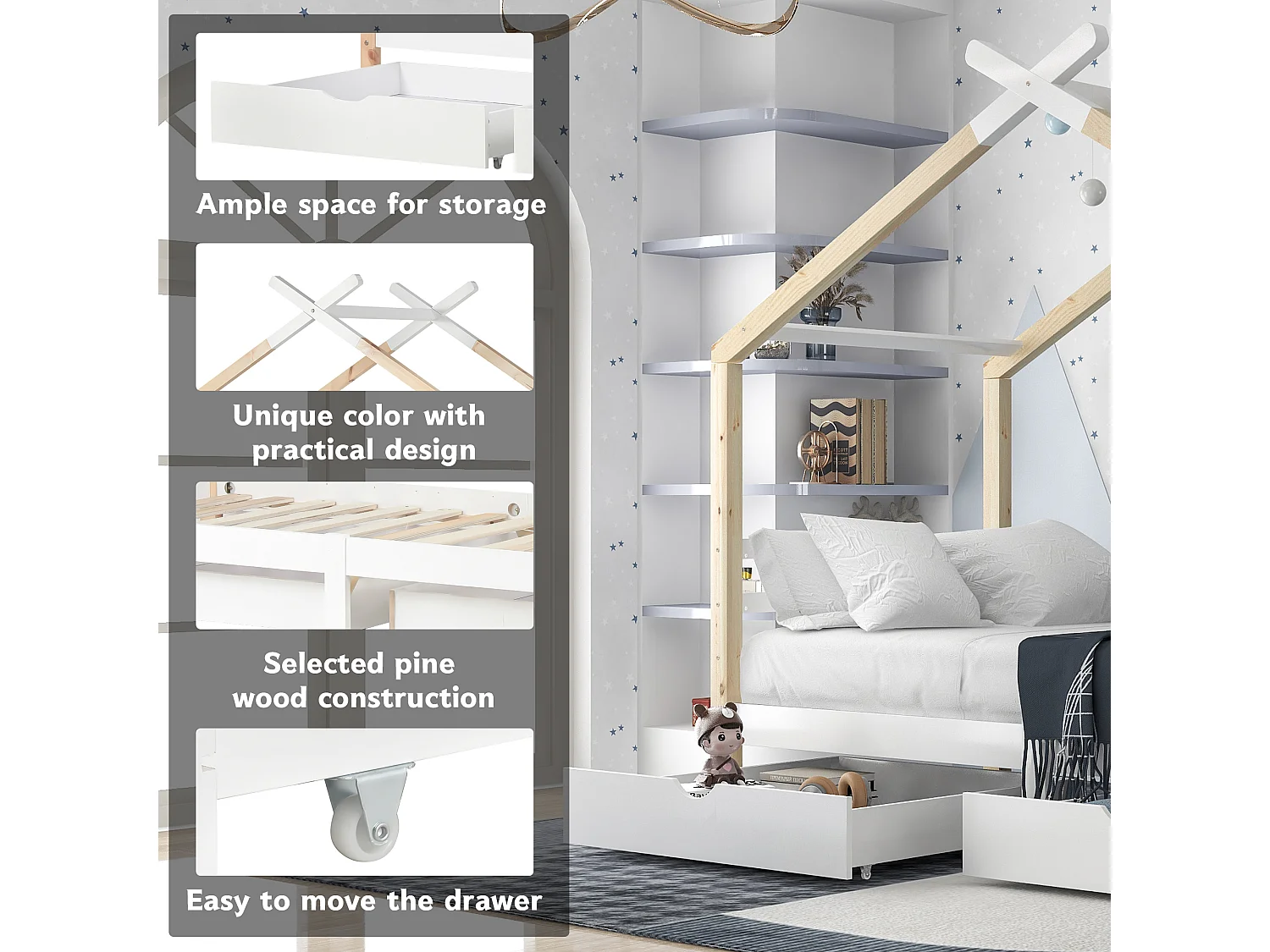 Cabin bed 90x190cm in solid wood with 2 drawers - Natural & White