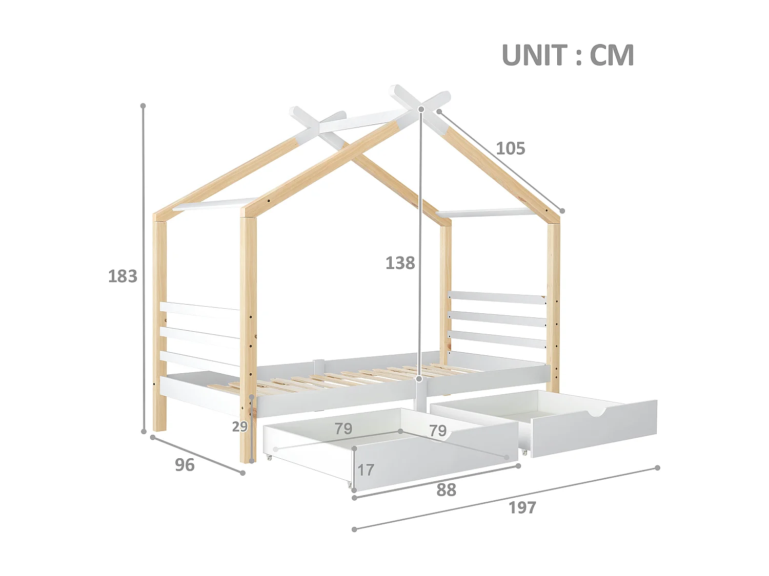 Cabin bed 90x190cm in solid wood with 2 drawers - Natural & White
