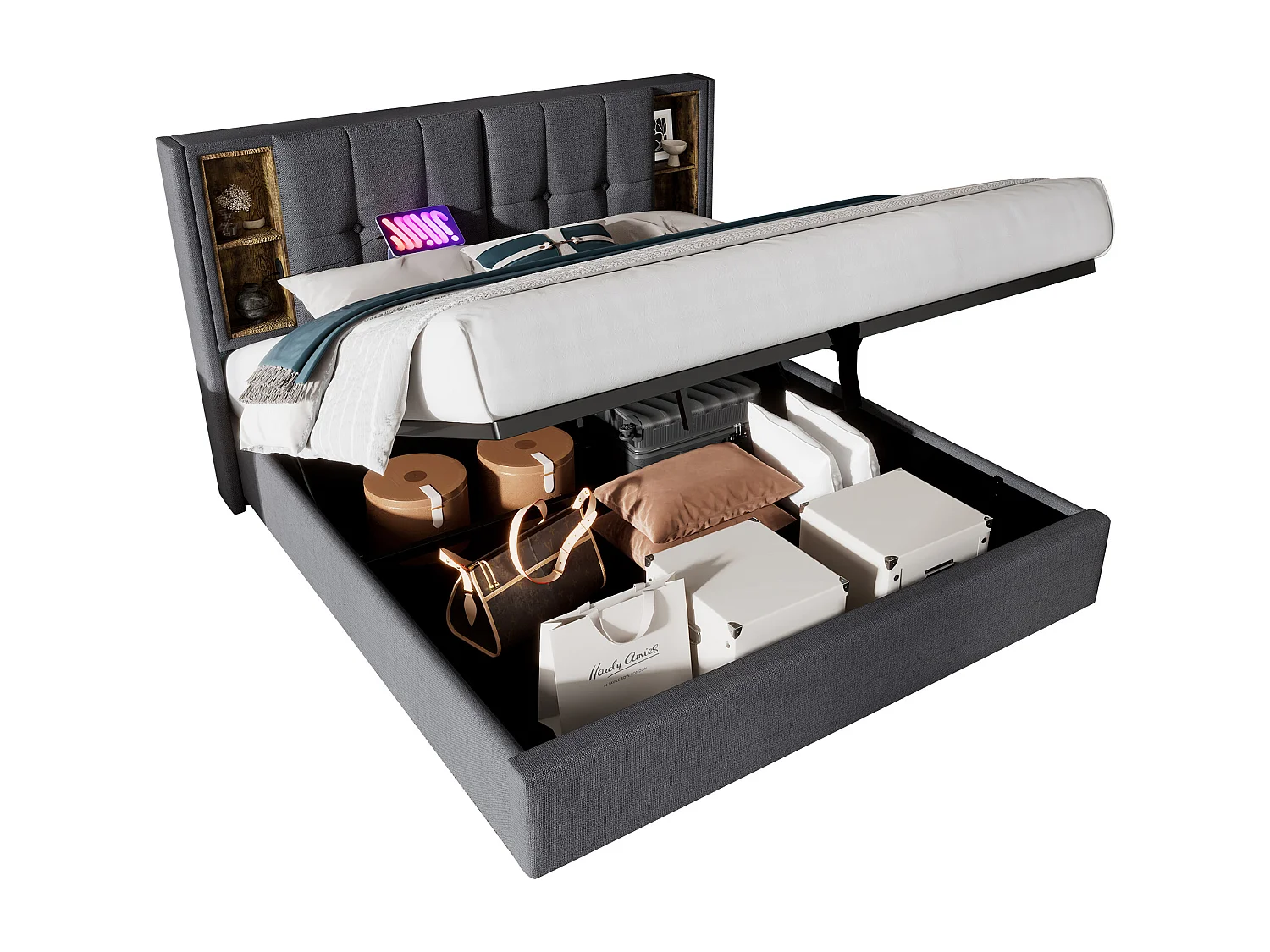 Upholstered storage bed 140x200 cm - with wireless charging and storage headboard - cotton fabric - Grey