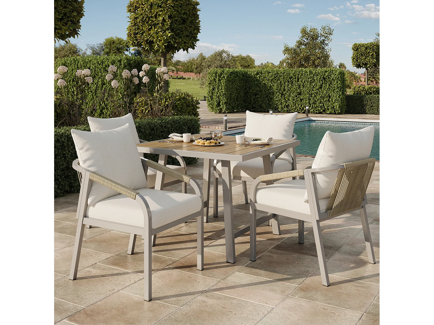 4-seater garden dining set - 4 armchairs - 1 table - galvanized iron frame - braided rope - plastic wood, khaki and beige