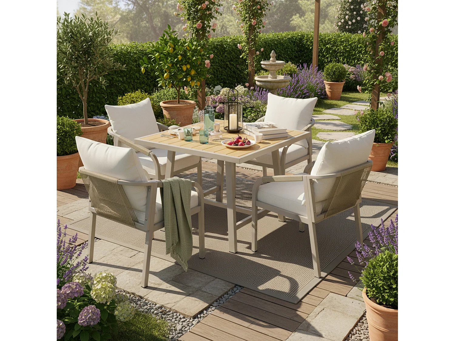 4-seater garden dining set - 4 armchairs - 1 table - galvanized iron frame - braided rope - plastic wood, khaki and beige