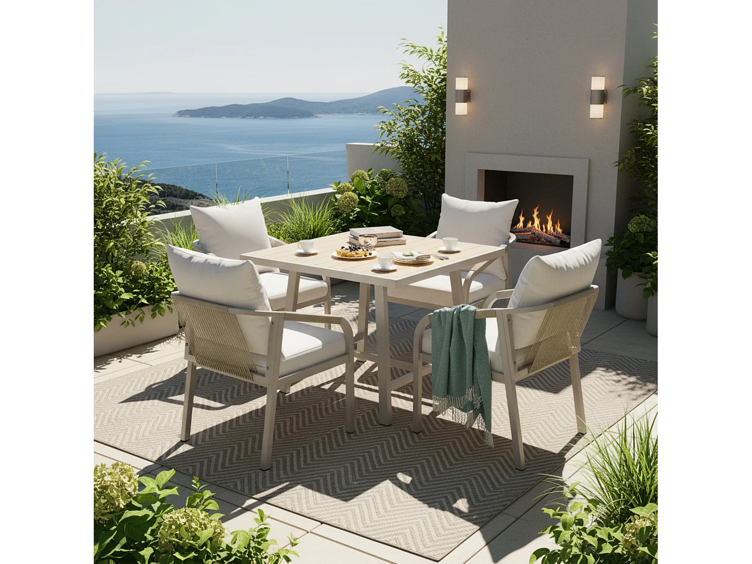 4-seater garden dining set - 4 armchairs - 1 table - galvanized iron frame - braided rope - plastic wood, khaki and beige