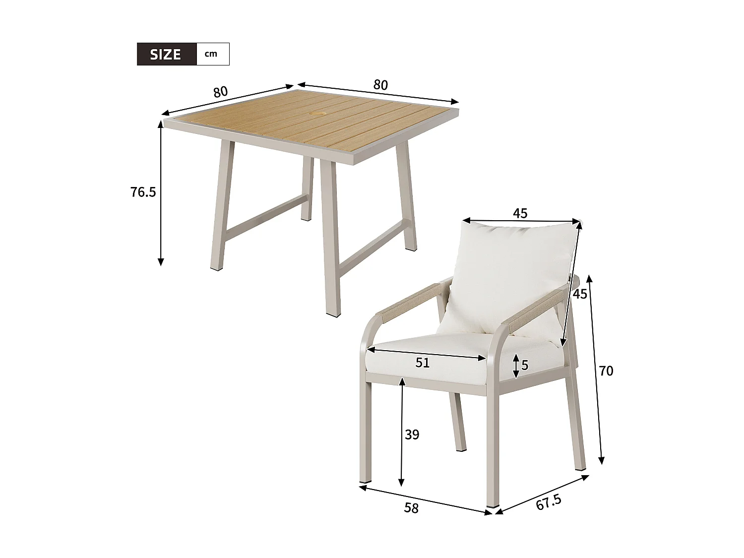 4-seater garden dining set - 4 armchairs - 1 table - galvanized iron frame - braided rope - plastic wood, khaki and beige