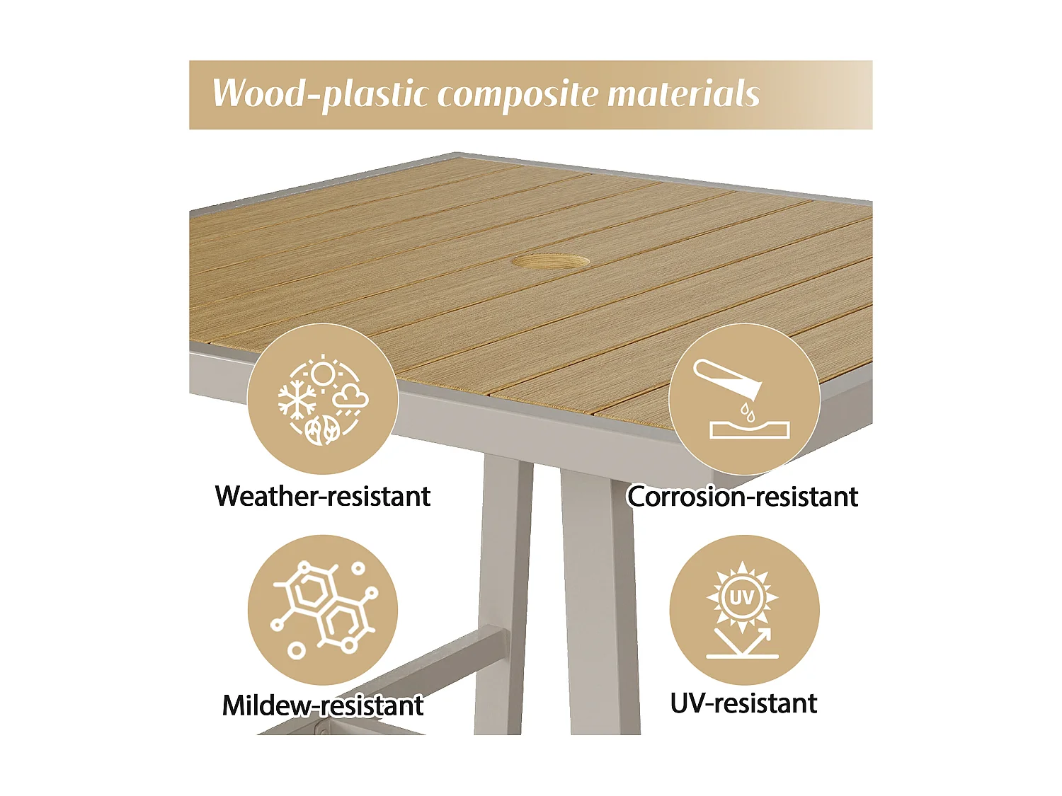 4-seater garden dining set - 4 armchairs - 1 table - galvanized iron frame - braided rope - plastic wood, khaki and beige