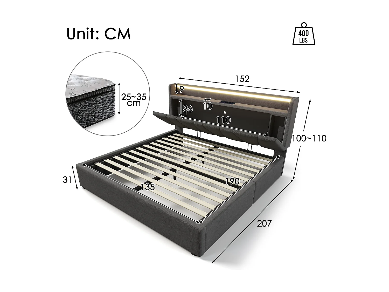 Storage bed 135x190cm - with LED and charging ports - Linen fabric - Grey