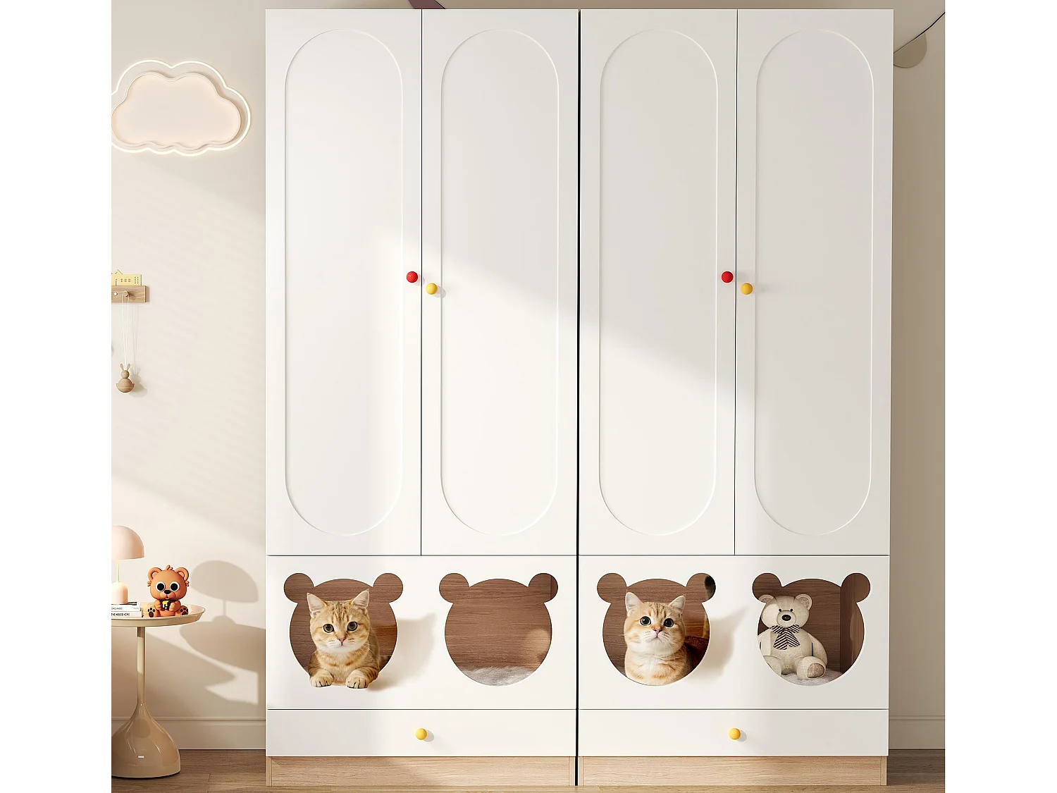 Set aus 2 Kinderkleiderschränken 160x50x200 cm - mit Kleiderstangen - mit Katzenbetten - 4 Türen - weiß + natur