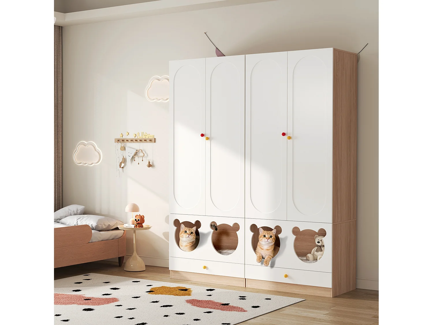 Set aus 2 Kinderkleiderschränken 160x50x200 cm - mit Kleiderstangen - mit Katzenbetten - 4 Türen - weiß + natur