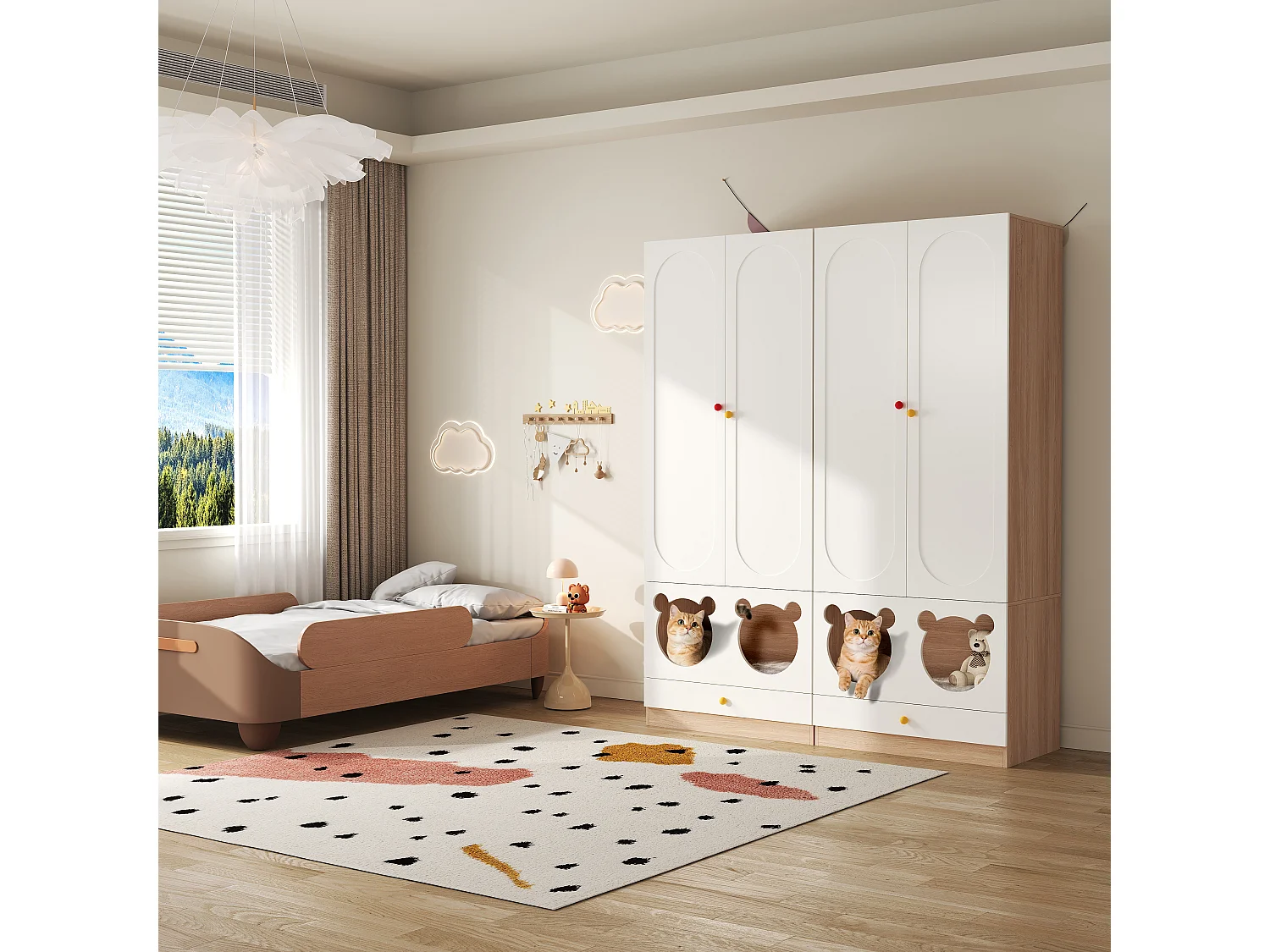 Set aus 2 Kinderkleiderschränken 160x50x200 cm - mit Kleiderstangen - mit Katzenbetten - 4 Türen - weiß + natur