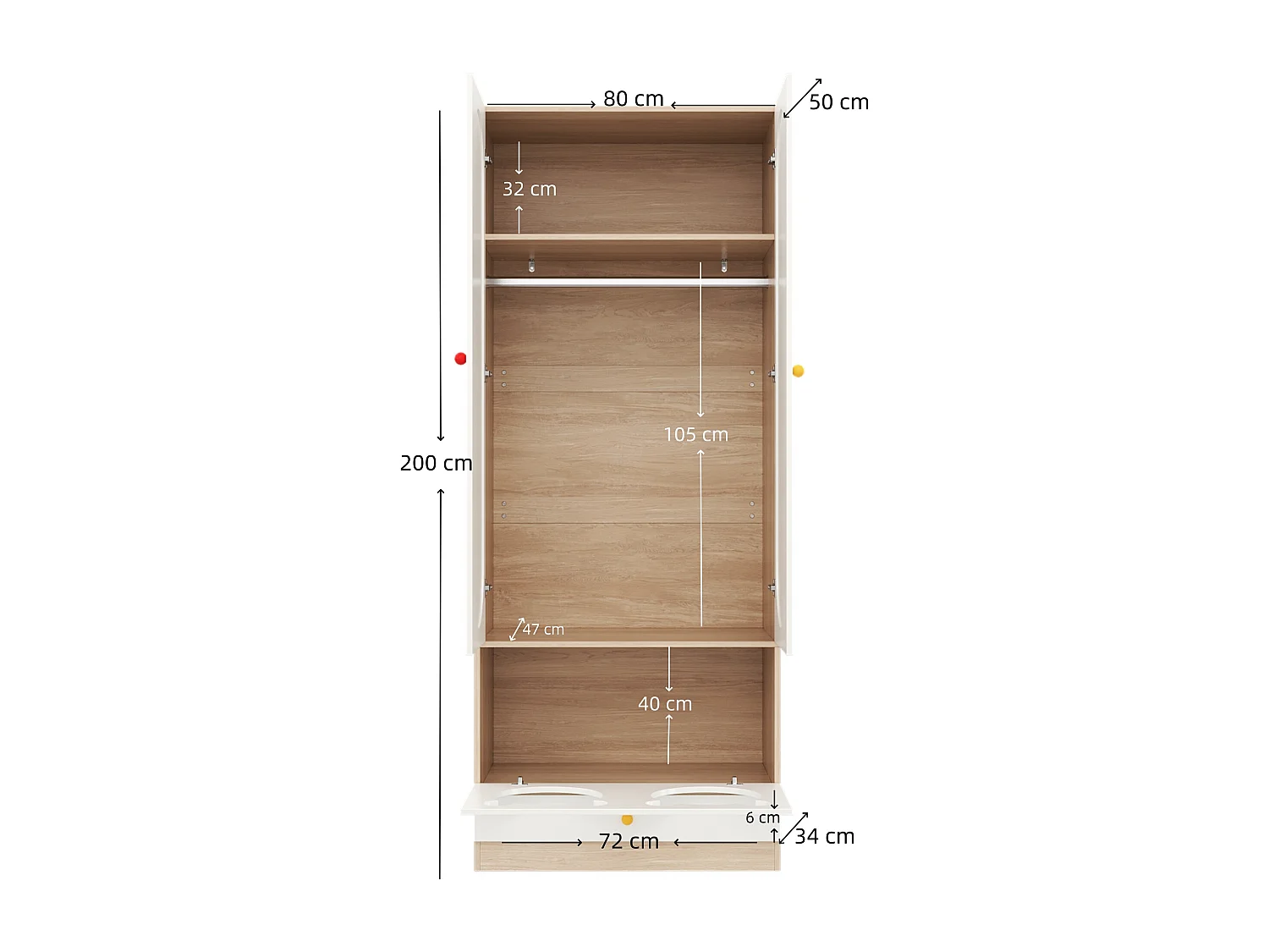 Set aus 2 Kinderkleiderschränken 160x50x200 cm - mit Kleiderstangen - mit Katzenbetten - 4 Türen - weiß + natur