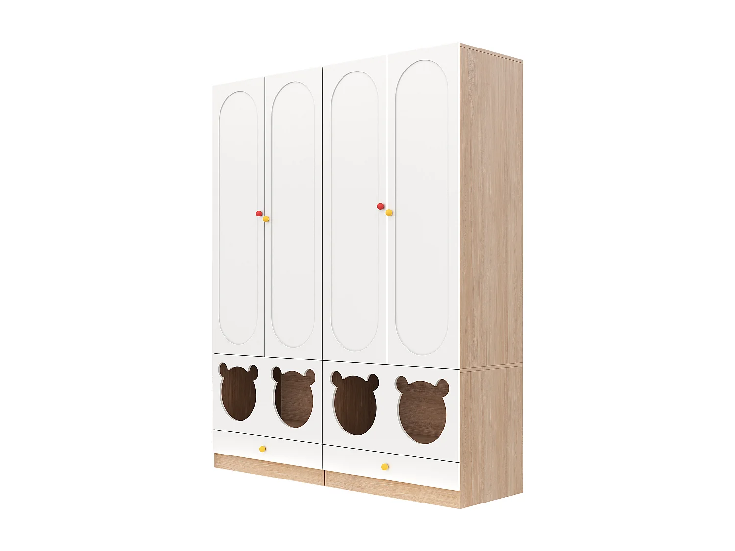 Set aus 2 Kinderkleiderschränken 160x50x200 cm - mit Kleiderstangen - mit Katzenbetten - 4 Türen - weiß + natur