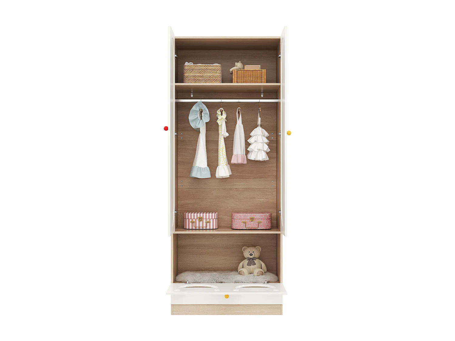 Set aus 2 Kinderkleiderschränken 160x50x200 cm - mit Kleiderstangen - mit Katzenbetten - 4 Türen - weiß + natur