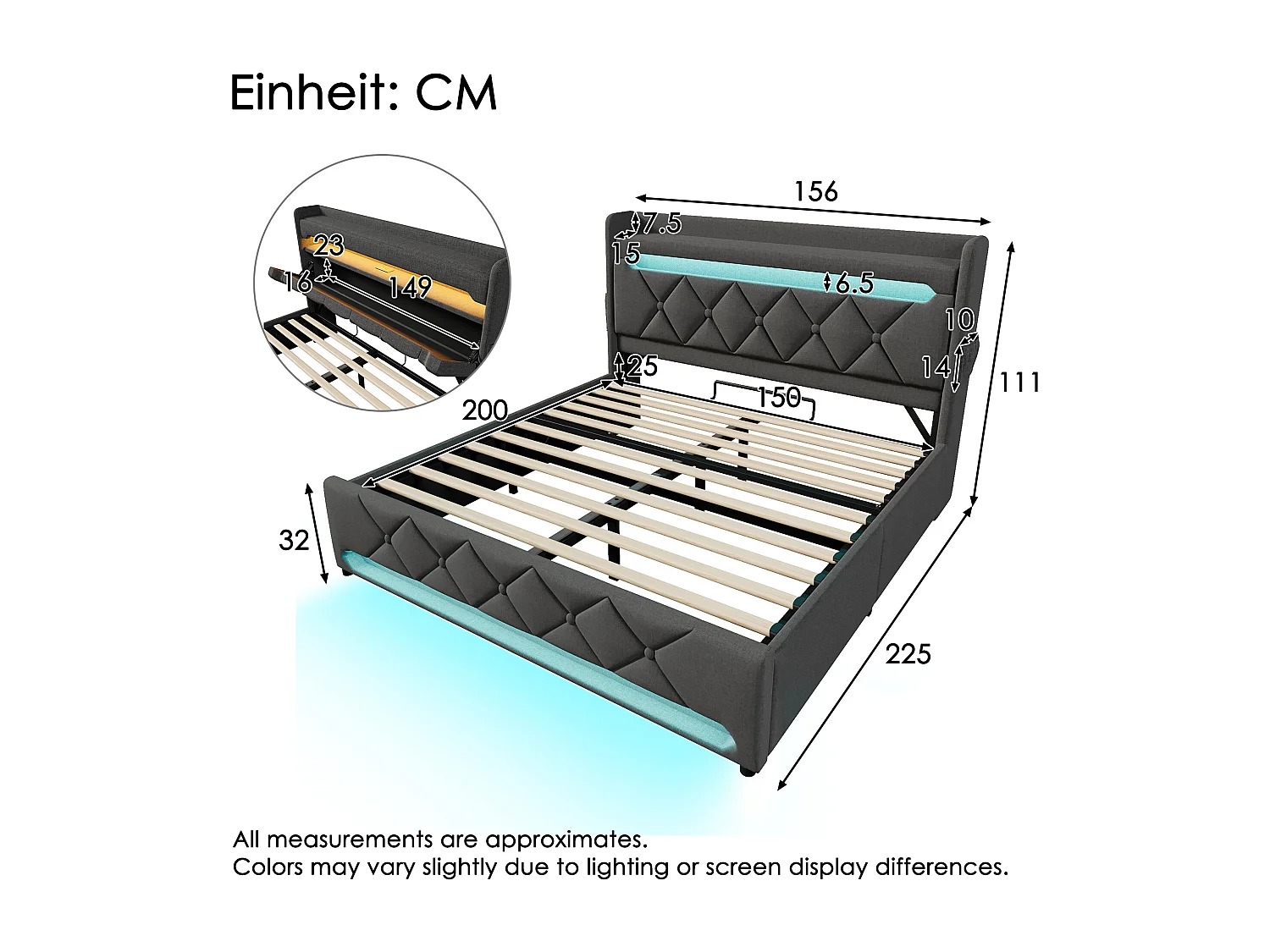 Upholstered Storage Bed 150x200cm - with LED and USB Charging Ports - Linen Fabric - Headboard with Storage Space - Grey