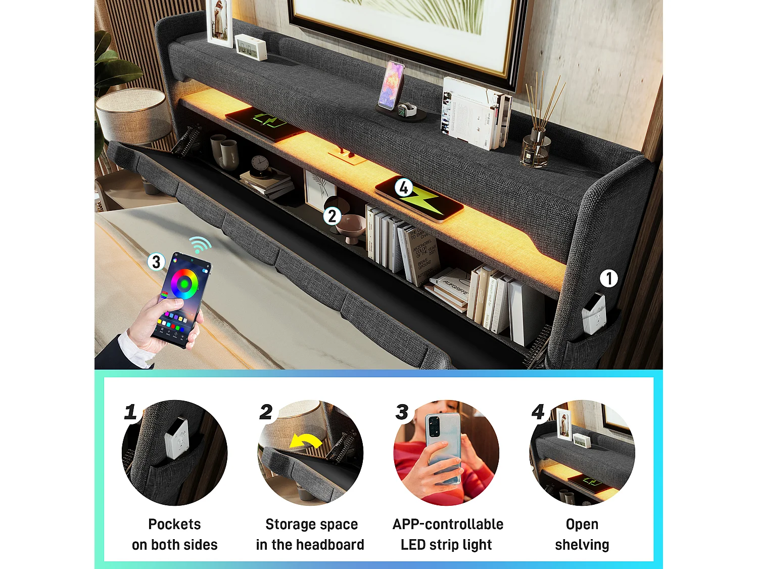 Upholstered Storage Bed 150x200cm - with LED and USB Charging Ports - Linen Fabric - Headboard with Storage Space - Grey