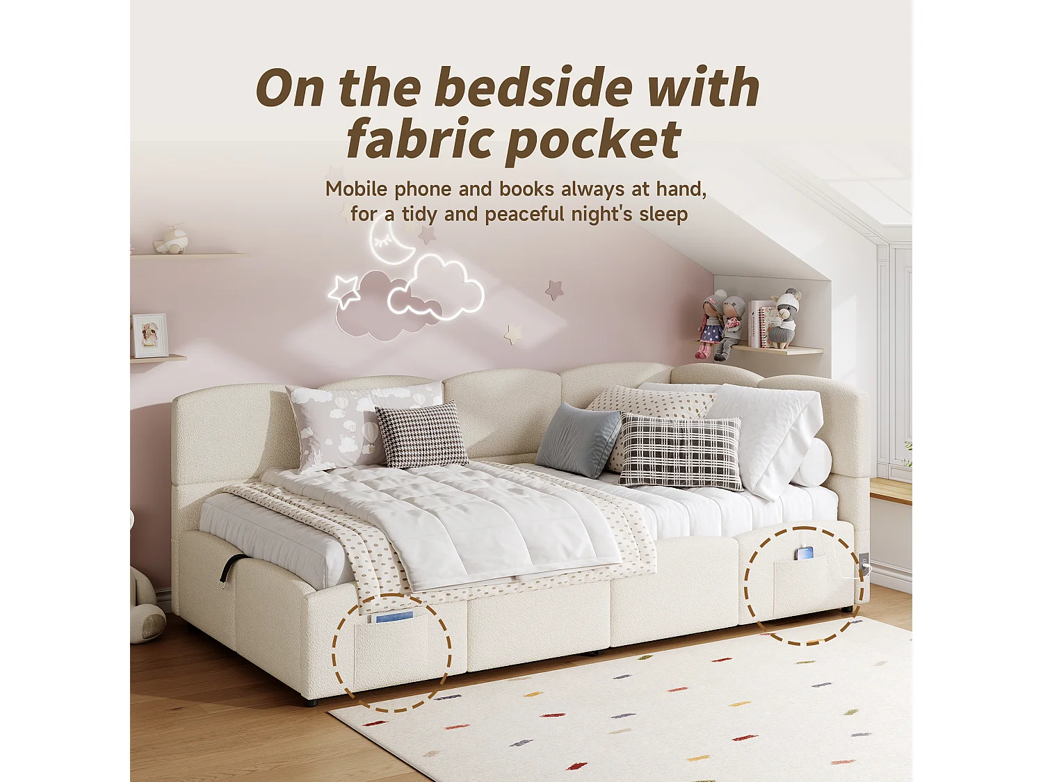 Children's Sofa Bed 90x200 cm - Storage Bed - with USB Ports - with Storage Pocket - Bouclé Velvet - Pink (Mattress Not Included)