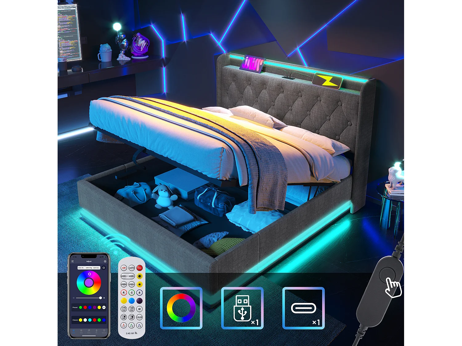 160x200cm Linen Storage Bed - with LED and USB & Type-C Ports - Grey