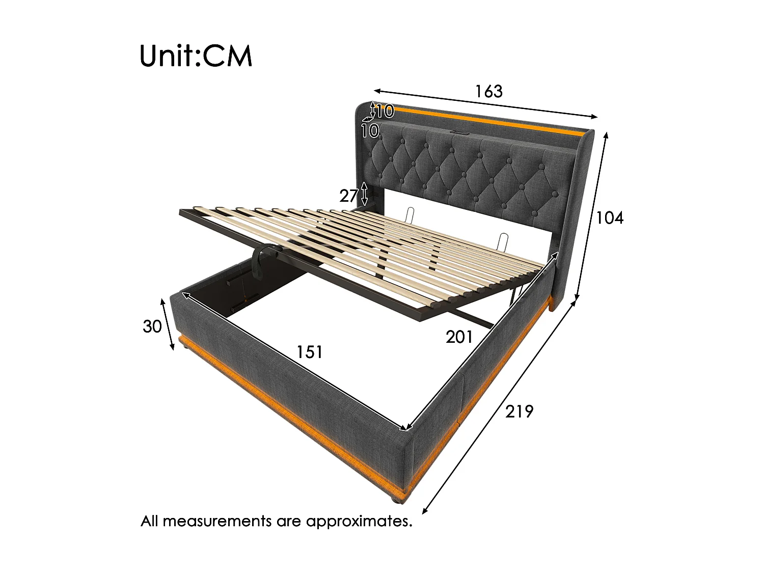 160x200cm Linen Storage Bed - with LED and USB & Type-C Ports - Grey