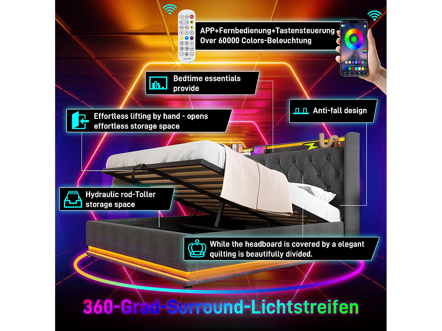 160x200cm Linen Storage Bed - with LED and USB & Type-C Ports - Grey