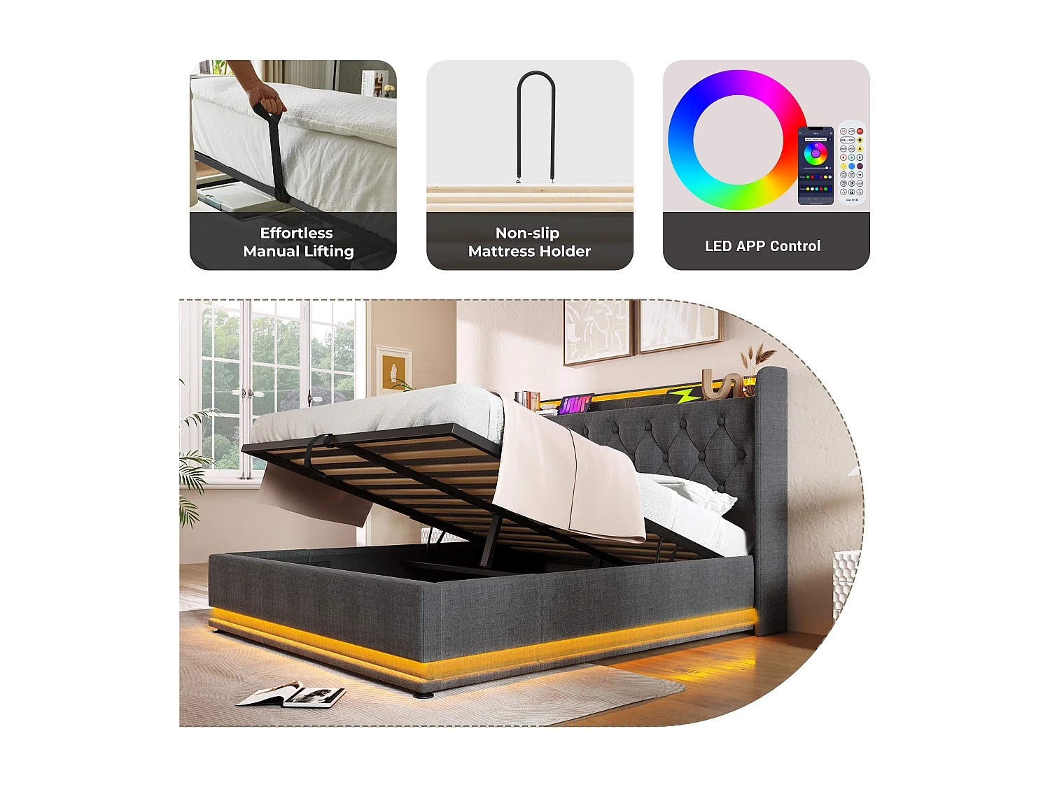 160x200cm Linen Storage Bed - with LED and USB & Type-C Ports - Grey