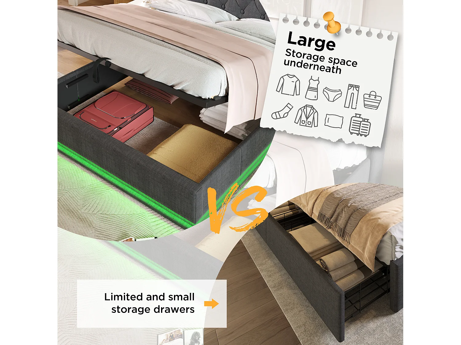 160x200cm Linen Storage Bed - with LED and USB & Type-C Ports - Grey