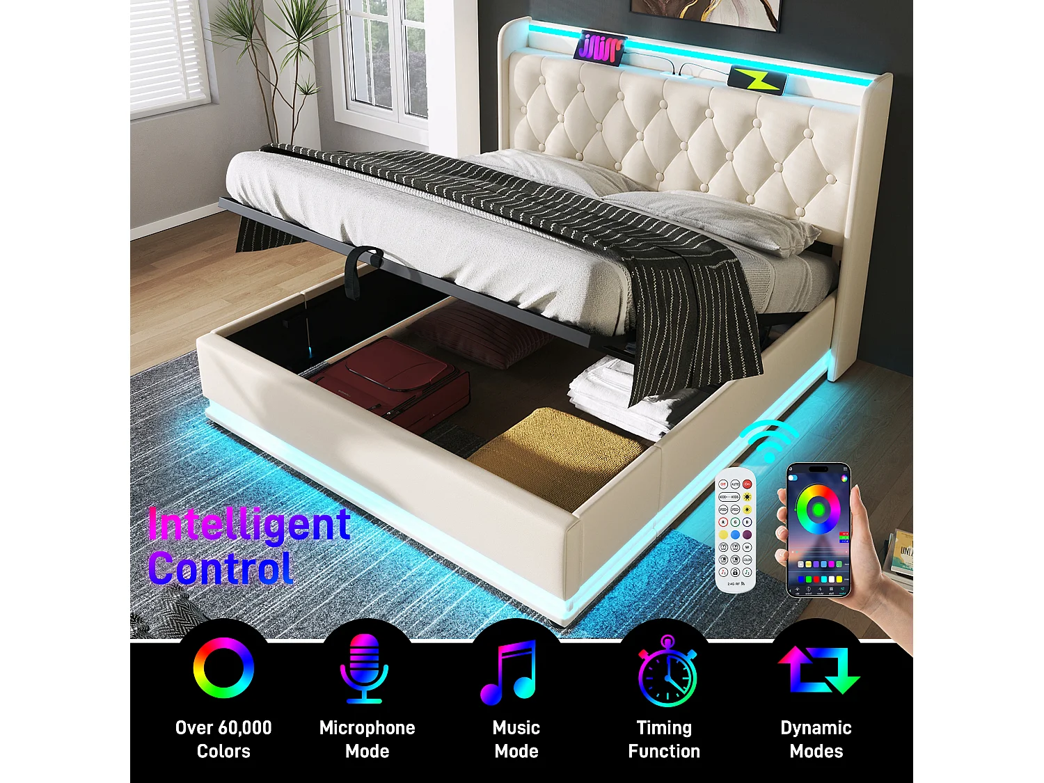 140x200cm Storage Bed in Faux Leather - with LED Lights and USB & Type-C Ports - White