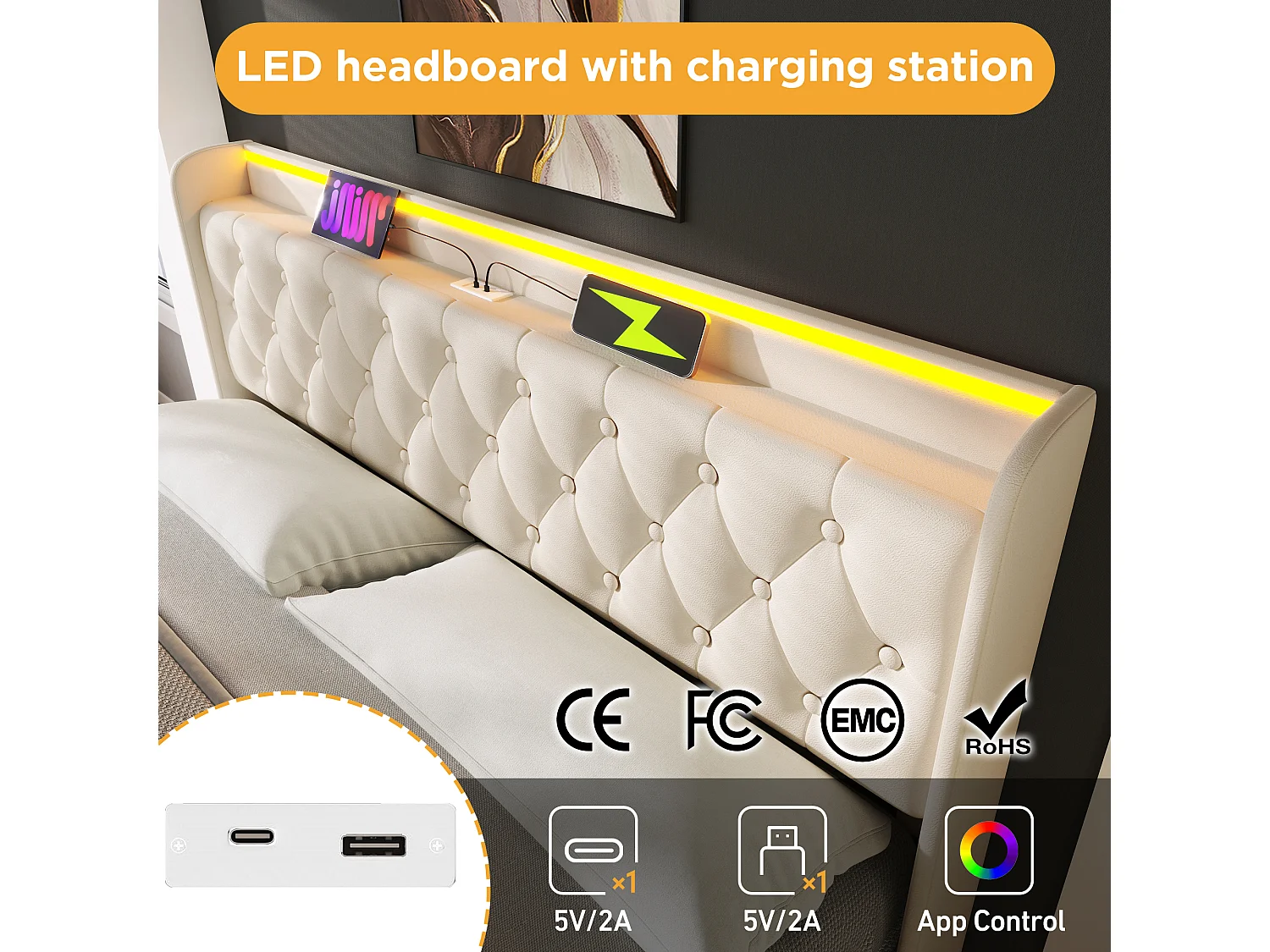 140x200cm Storage Bed in Faux Leather - with LED Lights and USB & Type-C Ports - White