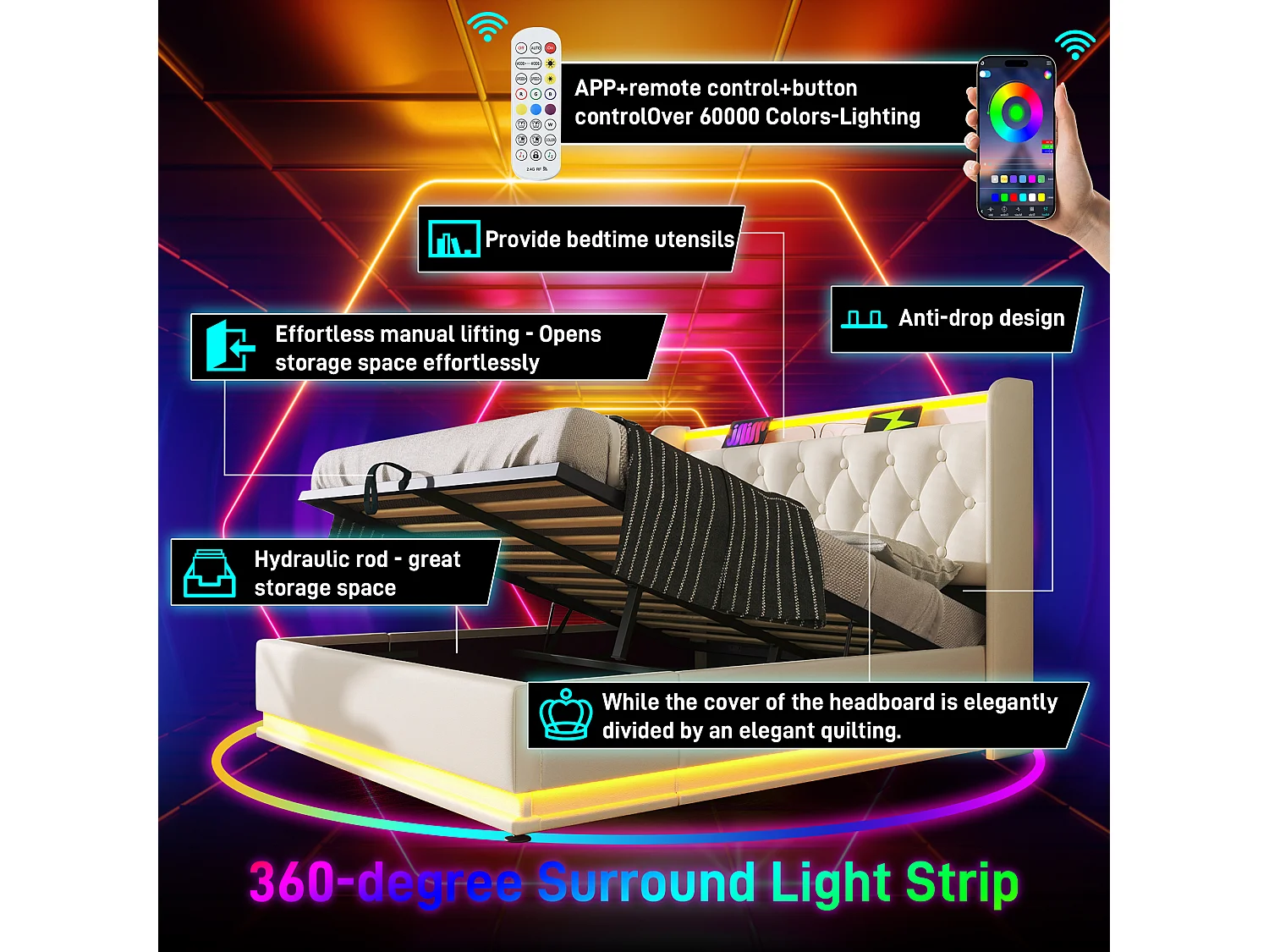 140x200cm Storage Bed in Faux Leather - with LED Lights and USB & Type-C Ports - White