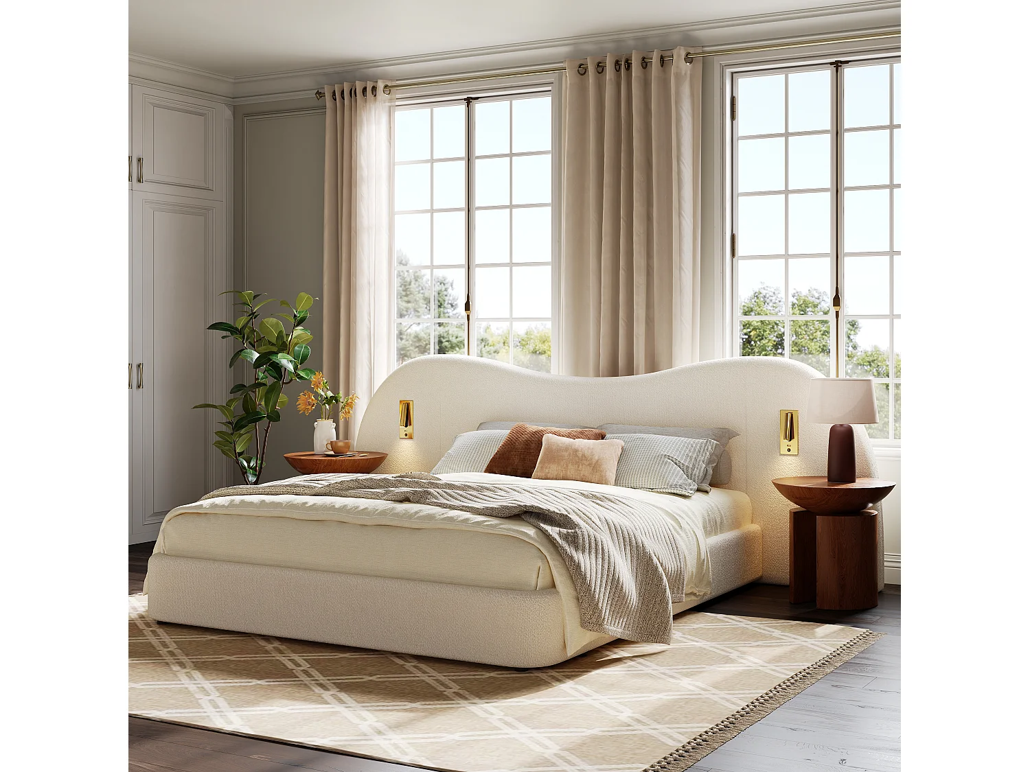 Upholstered storage bed 180x200cm - with USB port and reading light - Loop fabric - White (mattress not included)