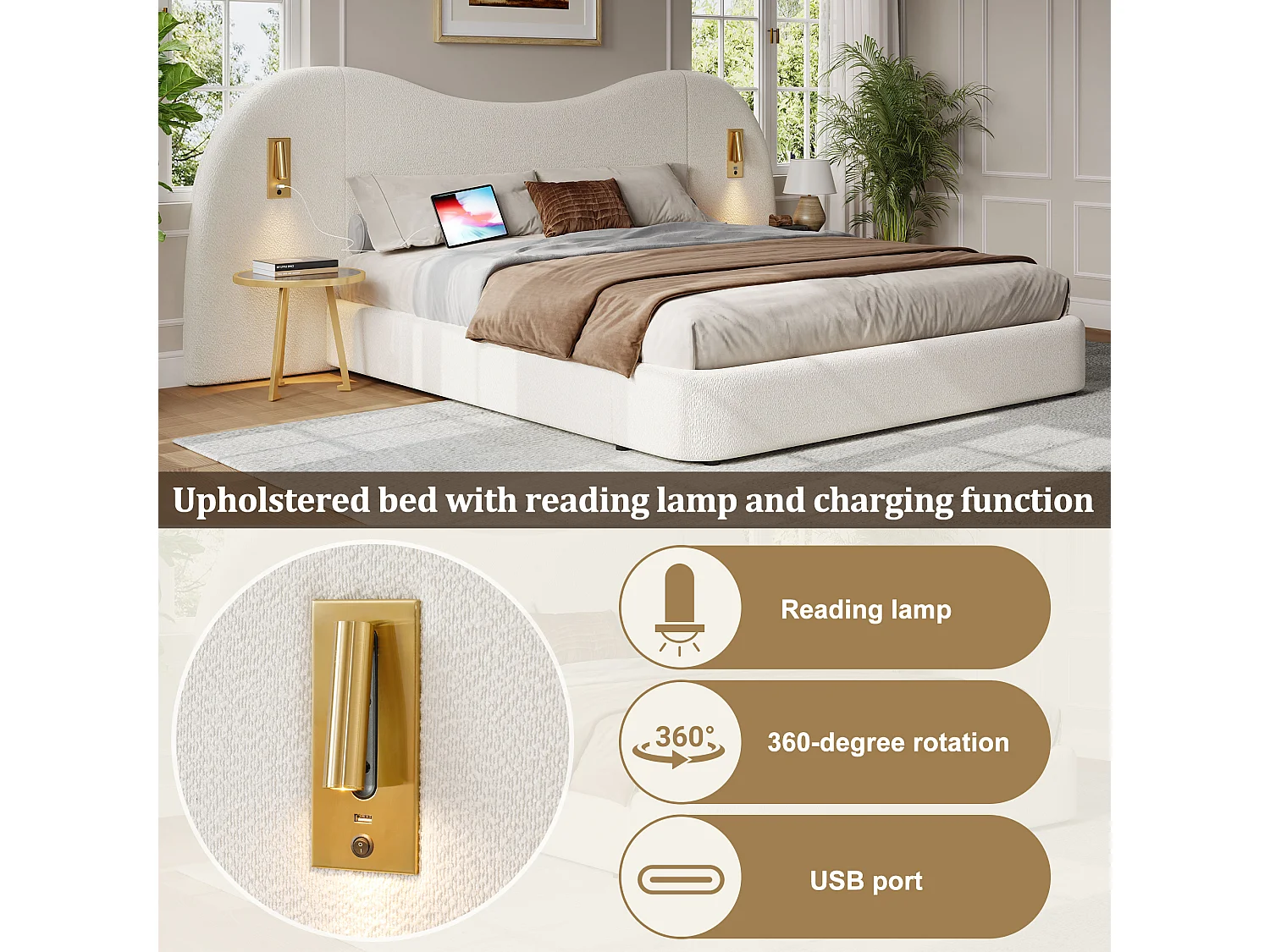 Upholstered storage bed 180x200cm - with USB port and reading light - Loop fabric - White (mattress not included)