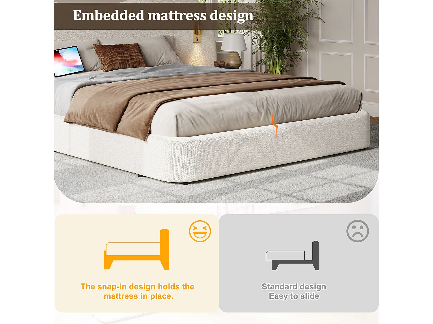 Upholstered storage bed 180x200cm - with USB port and reading light - Loop fabric - White (mattress not included)