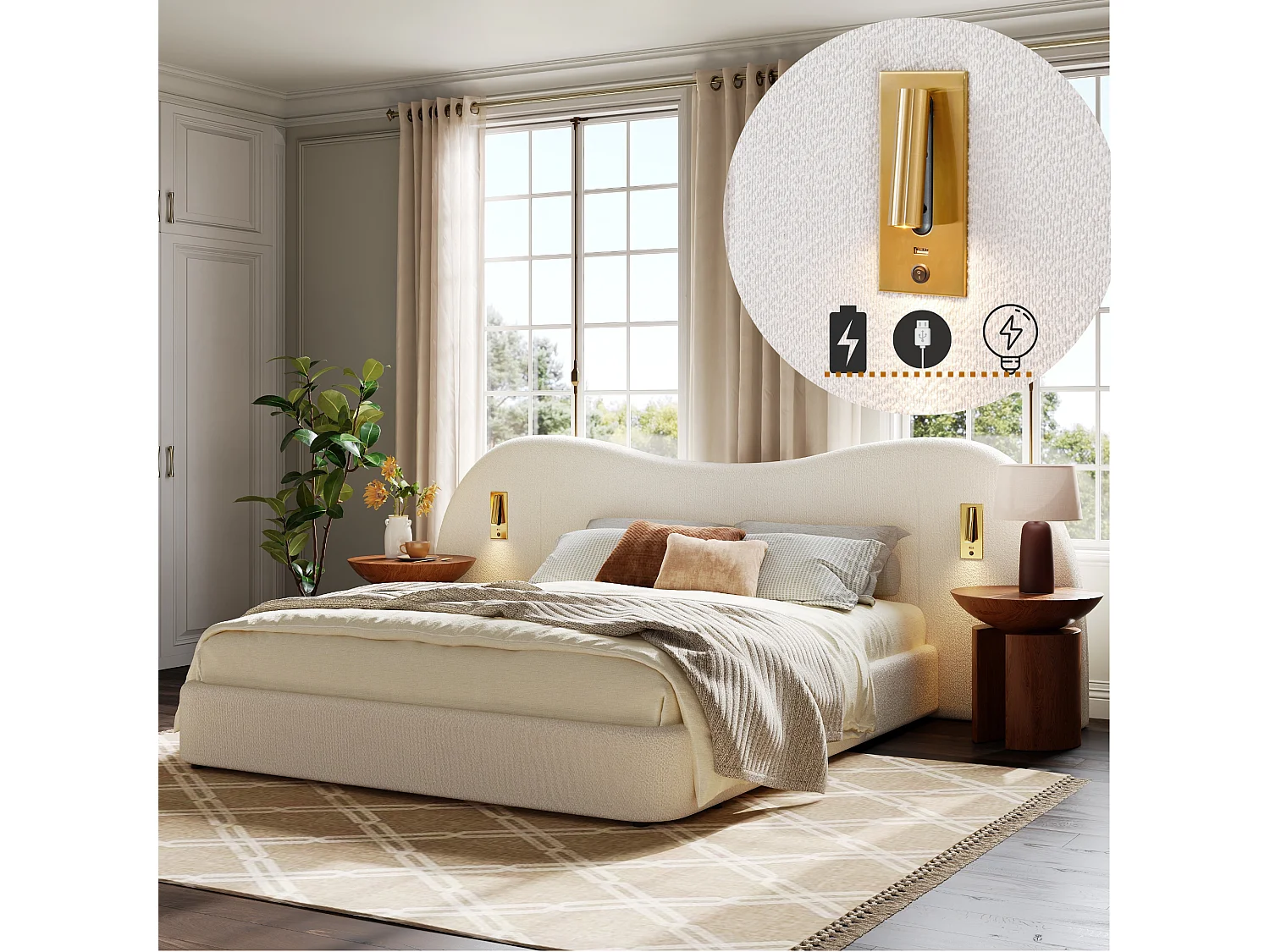 Upholstered storage bed 180x200cm - with USB port and reading light - Loop fabric - White (mattress not included)