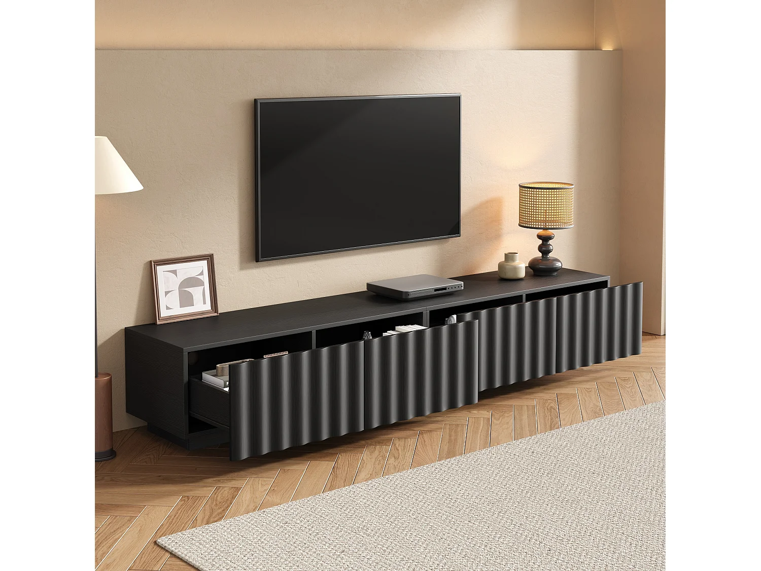 Modernes TV-Möbel 200x40x35 cm - Mit 4 Schubladen - Großes Ablagefach - MDF + Spanplatten - Schwarz