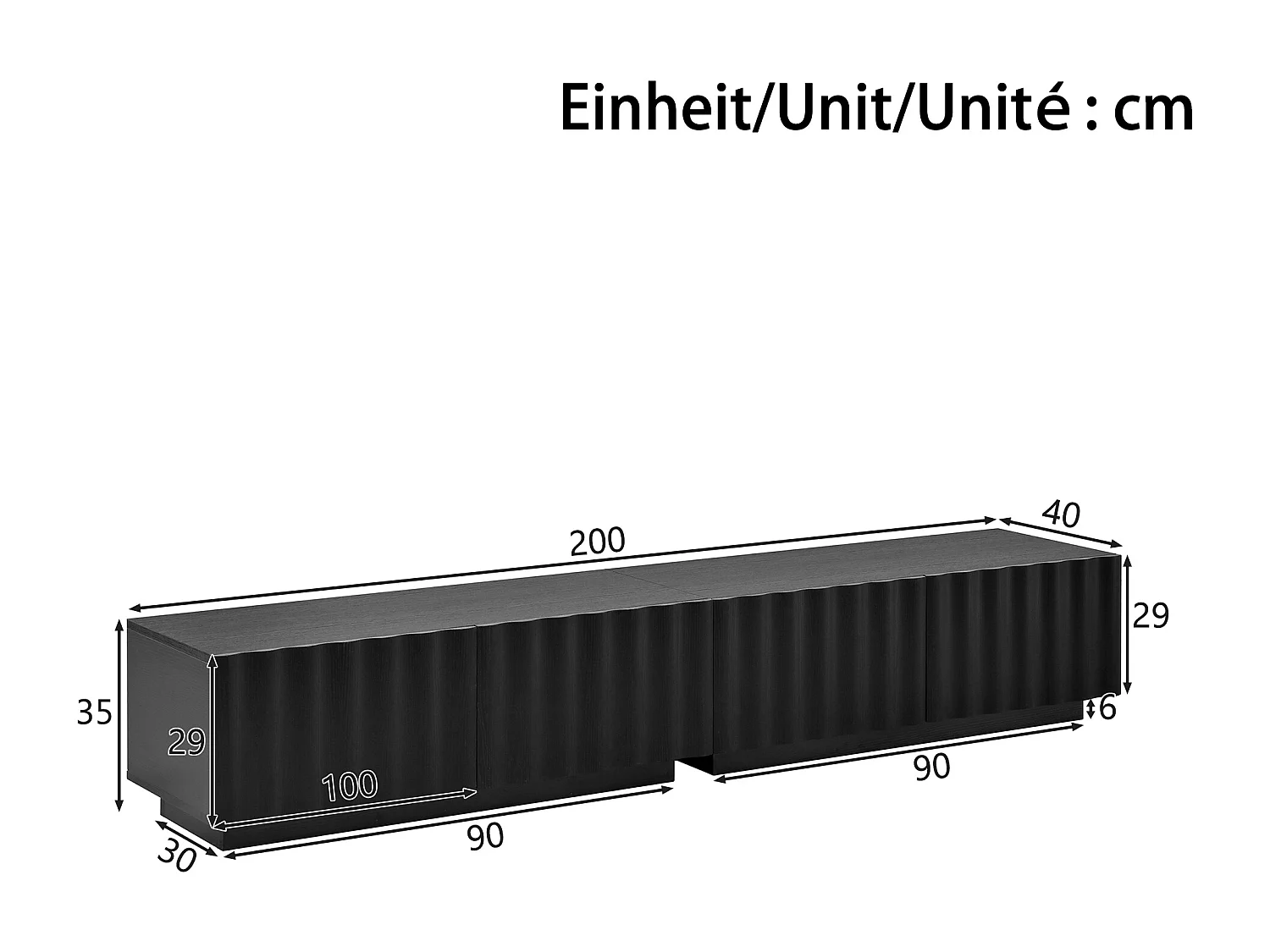 Modernes TV-Möbel 200x40x35 cm - Mit 4 Schubladen - Großes Ablagefach - MDF + Spanplatten - Schwarz
