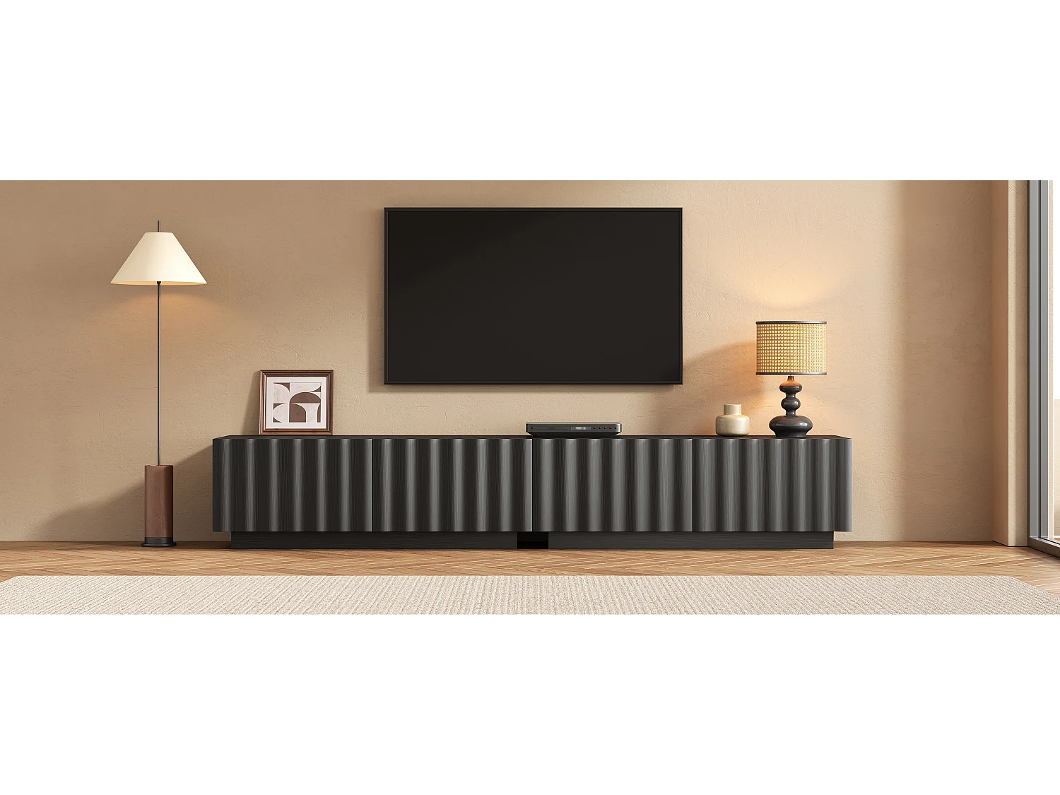 Modernes TV-Möbel 200x40x35 cm - Mit 4 Schubladen - Großes Ablagefach - MDF + Spanplatten - Schwarz