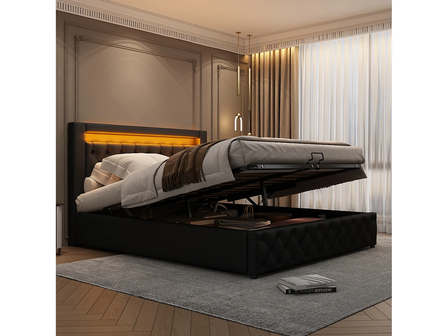 Upholstered storage bed in faux leather with LED lighting - 140x200cm - with slatted base - White
